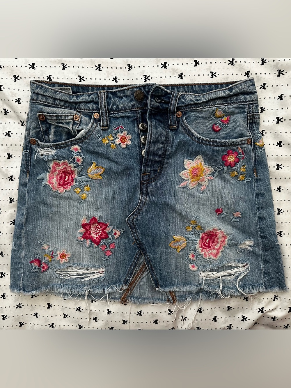 Y2K American Eagle Floral Embroidered Denim Skirt